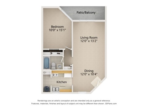 Floor plan for 1 bed, 1 bath, 751 sqft